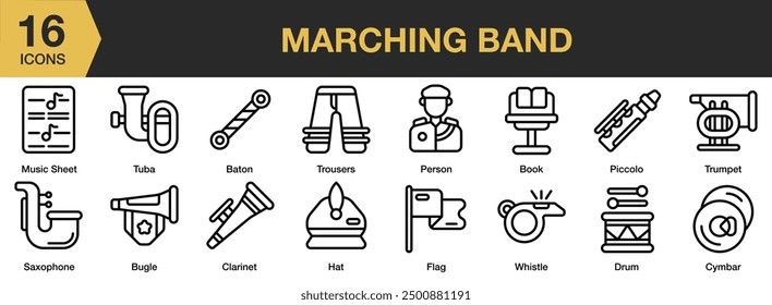 Marching Band icon set. Includes baton, clarinet, cymbar, piccolo, trumpet, tuba, saxophone, and More. Outline icons vector collection.