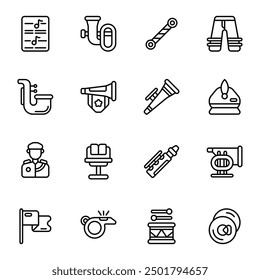 Marching Band icon set. Includes baton, clarinet, cymbar, piccolo, trumpet, tuba, saxophone, and More. Outline icons vector collection.