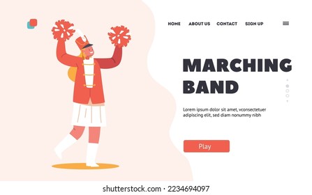 Marching Band Landing Page Template. Victory Parade Celebration, Musician Girl Character Walking with Pompons during March at School Orchestra with Musical Concert. Cartoon People Vector Illustration