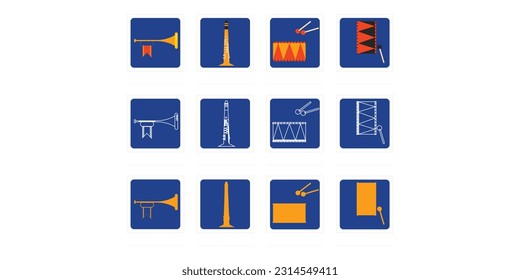 Marching Band Musical Instruments, Pipe Band Bass Drum, Snare Drum, Soprano Saxophone Orchester Brass Band Musik, Brass Trumpet Vektor Icon Royalty, Flach Design Grafik Design Illustration