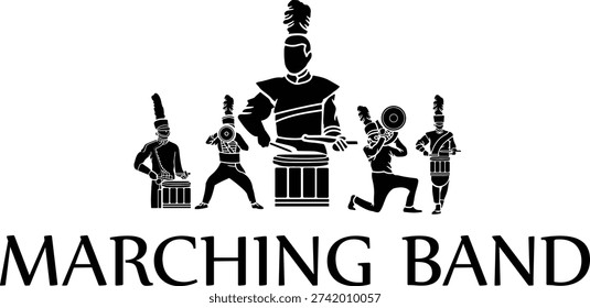 Marching Band Parade with Musical Instruments and Uniformed Musicians. Vector Illustration of School Brass Band Performance on White Background.