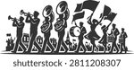 Marching band playing music and carrying flags silhouette illustration