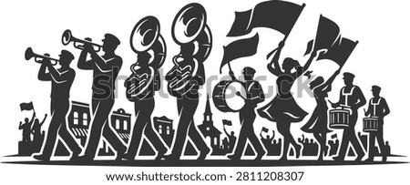 Marching band playing music and carrying flags silhouette illustration