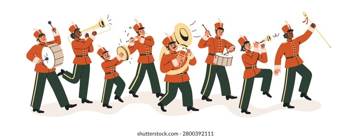 Marching band playing music instruments, walking. Military parade with army musicians, orchestra players in red uniform, hats with plumes. Flat vector illustration isolated on white background