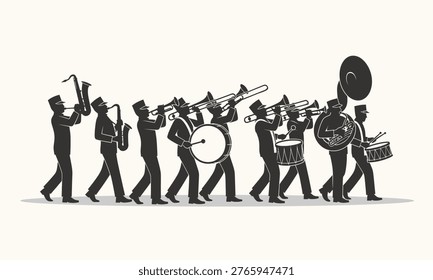 Marching Band Silhouette with Brass Instruments and Drums