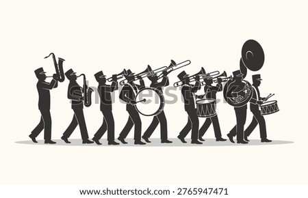 Marching Band Silhouette with Brass Instruments and Drums