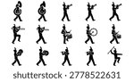 Marching band silhouette icon set featuring trumpet, drum, trombone, and tuba players in parade style isolated on white background..