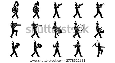 Marching band silhouette icon set featuring trumpet, drum, trombone, and tuba players in parade style isolated on white background..