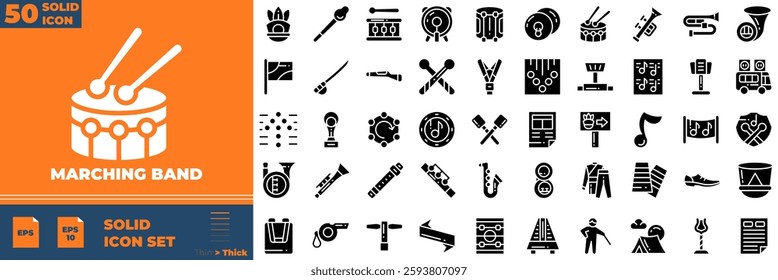 Marching Band Solid Editable Icons set. Vector illustration in modern thin solid style of marching band icons: band, parade, marching, etc