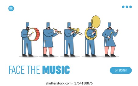 Marching band template landing page. Military orchestra performing for festival or parade. Professional musicians with music instruments wearing uniform. Flat vector illustration