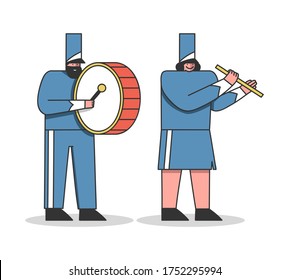 Marching bands musicians playing drums and flute. Military orchestra members, musical performers with instruments for special event or street festival. Flat vector illustration
