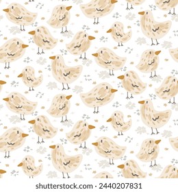Marching chickens capturing the spirit of Easter and spring time with brown,grey,beige,off white. Great for homedecor,fabric,wallpaper,giftwrap,stationery,packaging design projects.