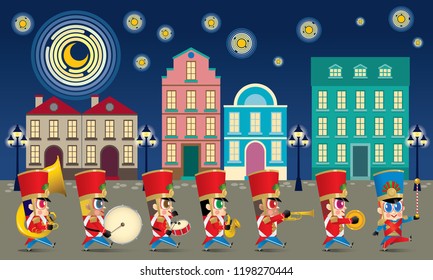 A marching cute brass band with various kind of instruments. With night time street scene.