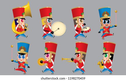 A marching cute brass band with various kind of instruments. Isolated.