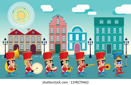 A marching cute brass band with various kind of instruments. With day time street scene.