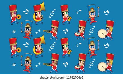 A marching cute brass band with various kind of instruments. With colour and music symbols background.