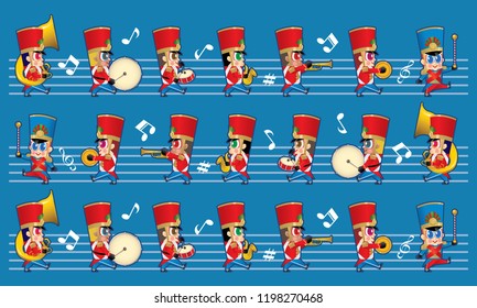 A marching cute brass band with various kind of instruments. With colour and music symbols background.