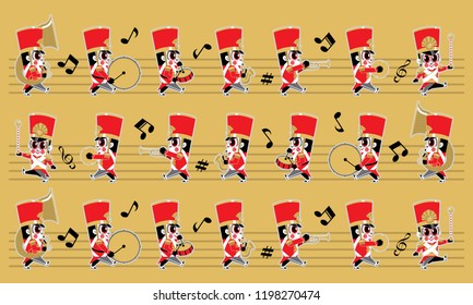 A marching cute brass band with various kind of instruments. With colour and music symbols background.