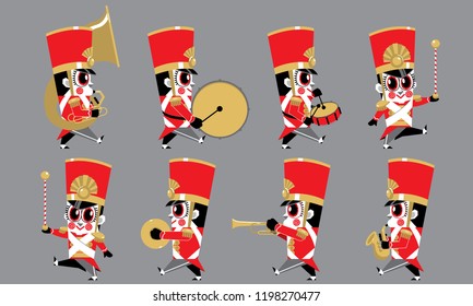 A marching cute brass band with various kind of instruments. Isolated.