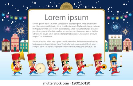 A marching cute brass band with various kind of instruments. With snowing night time street scene. Texts are dummy text.