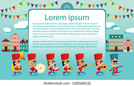 A marching cute brass band with various kind of instruments. With day time street scene. Texts are dummy text.