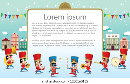 A marching cute brass band with various kind of instruments. With snowing day time street scene. Texts are dummy text.