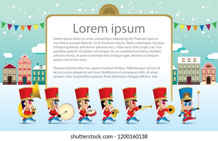 A marching cute brass band with various kind of instruments. With snowing day time street scene. Texts are dummy text.