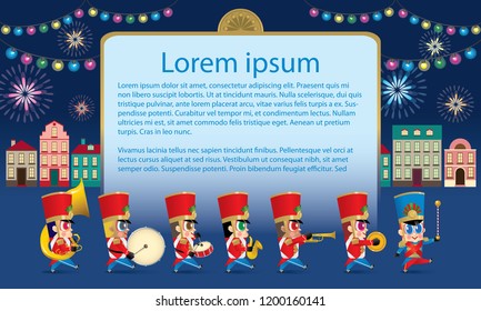 A marching cute brass band with various kind of instruments. With night time street scene. Texts are dummy text.