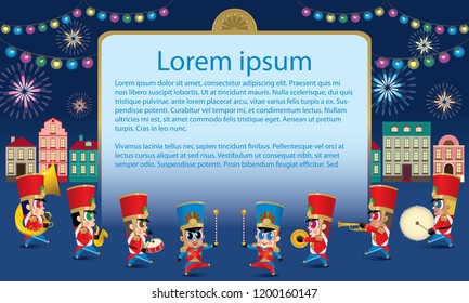 A marching cute brass band with various kind of instruments. With night time street scene. Texts are dummy text.