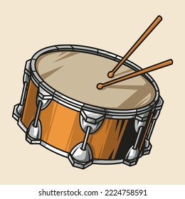 Marching drum element vintage colorful percussion instrument and sticks for orchestra or festival with musician performance vector illustration