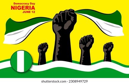 Händchen mit nigerianischer Flagge mit nigerianischem Flaggenrahmen und gelbem Hintergrund mit kühlem Text zum Gedenken an den Tag der Demokratie in Nigeria am 12. Juni