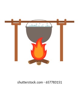 Marching hunting kettle kettle boiling water. Fire burning firewood. Element design camping tourist marching stock.Hunter equipment, armament.Camping pot bonfire outdoor cooking soup cauldron.
