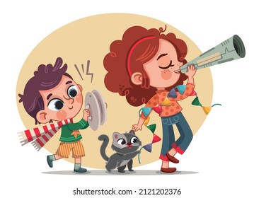 Marching kids with a cat. Vector illustration.