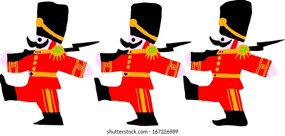 Marching red coat army, isolated against white. 