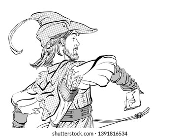 Marching Robin Hood. Robin Hood in a hat with feather. Defender of weak. Medieval legends. Heroes of medieval legends. Halftone background.