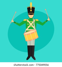 Marching soldier drummer flat color vector illustration