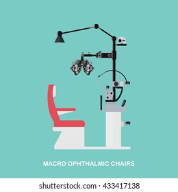 Marco Ophthalmic Chairs, Optometrists Eye Examination Equipment, Eye Exam Chair Isolated On White Background, Vector Illustration.