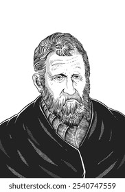 Marco Polo 1254-1324 face drawing. Hand-drawn engraving of Venetian explorer known for travels to Asia. Vector black and white historical illustration.