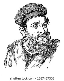 Marco Polo, 1254-1324, era comerciante veneciano viajante, dibujo de línea vintage o ilustración de grabado