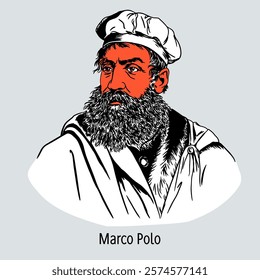 Marco Polo was a Venetian merchant and traveler who presented the story of his journey through Asia. Hand drawn vector illustration