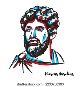 Marcus Aurelius engraved vector portrait with ink contours on white background. Roman emperor and a Stoic philosopher