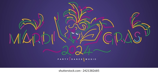 Mardi Gras 2024 carnival party dance music. Handwritten typography colorful party masked girl with plumage isolated on purple background banner