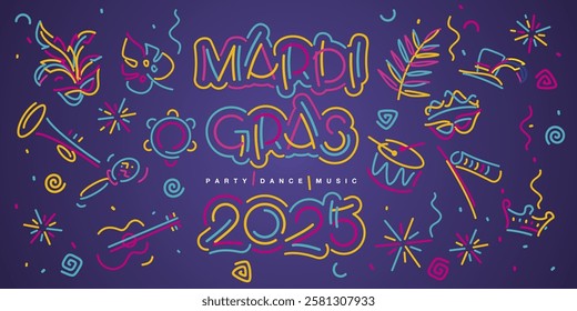 Mardi Gras 2025 Carnival handwriten line design typography party dance music elements signs symbols. Mask drums rattles guitar fanfare crown tiara flags sparkle firework confetti on purple background