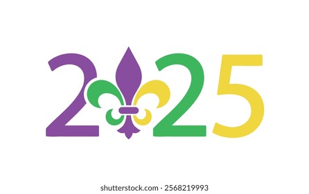 Mardi Gras 2025 numbers with fleur de lis symbol, vector illustration