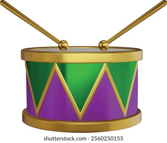 mardi gras 3d drum. isolated 3d drum with mardi gras colors