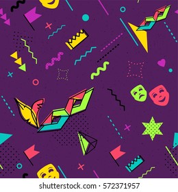Mardi Gras abstract background in 80s memphis style. Seamless memphis pattern for posers and cards. Hipster poster, juicy, bright color background. Vector illustration