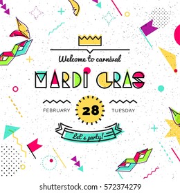 Mardi Gras abstract background in 80s memphis style. Hipster poster, juicy, bright color background. Vector illustration