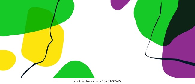 Mardi Gras abstract background with various curved bright colored shapes and black bent lines for Fat Tuesday creative graphic design. Vector illustration.