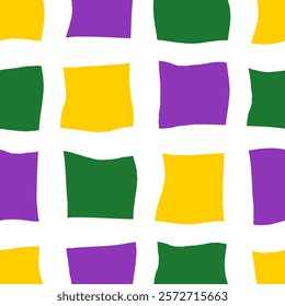 Mardi Gras Abstract Checkered Seamless Pattern. Modern minimalist background with hand drawn geometric shapes. Bold Curvy paint texture. Repeat vector illustration