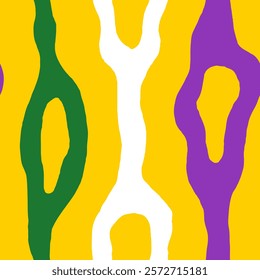 Mardi Gras Abstract Creative Seamless Pattern. Modern greeting background with traditional colors and liquid wavy shapes. Surreal minimalist texture